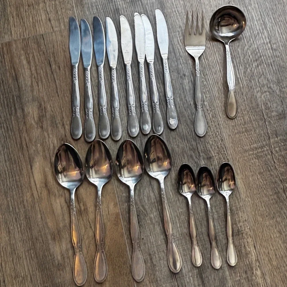 17pc VTG Northland Stainless Flatware Set Floral Rose Pattern Korea Silverware